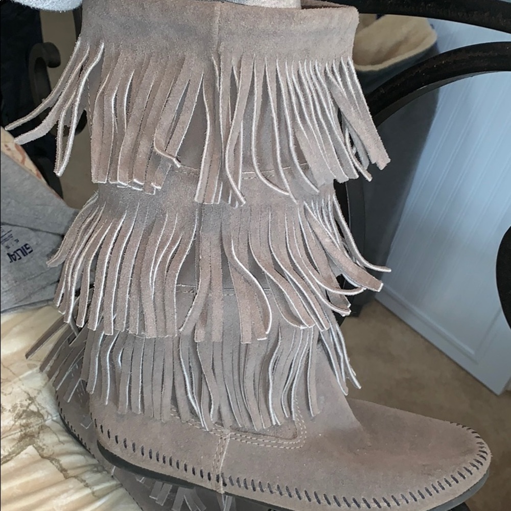 Grey Minnetonka Fringe Boots